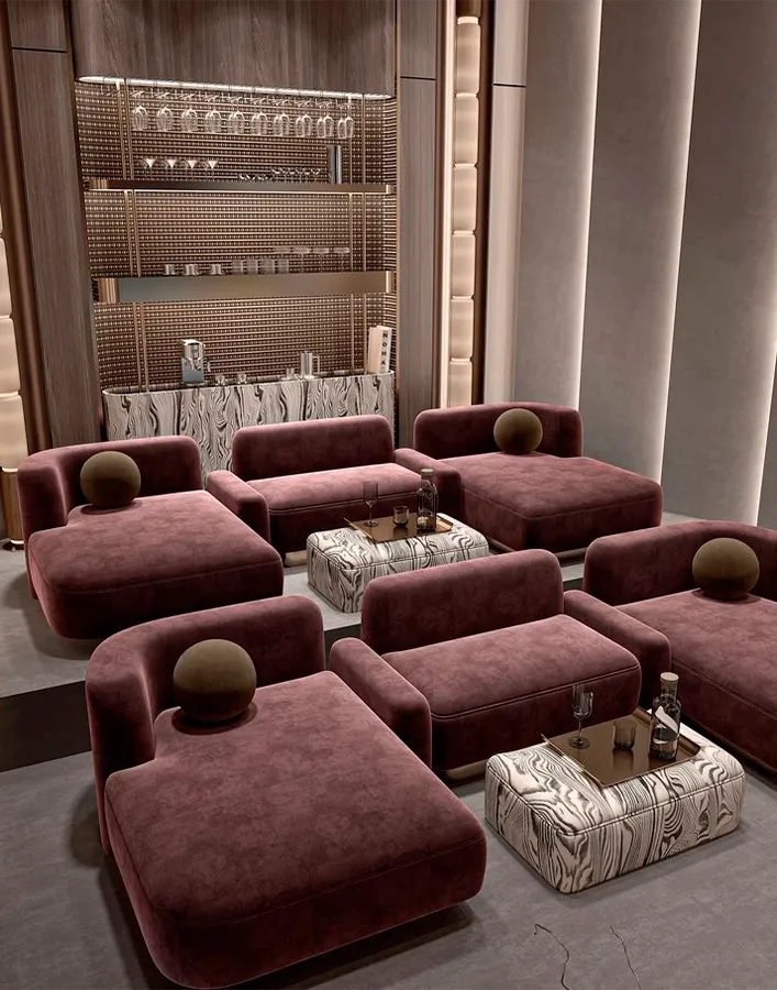 Contemporary cinema room with modular beige sofas and wood accents
